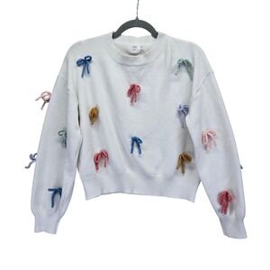 LUNA IVY White Crew Neck Cropped Sweater Medium Bow Whimsical Feminine Yarn Tied